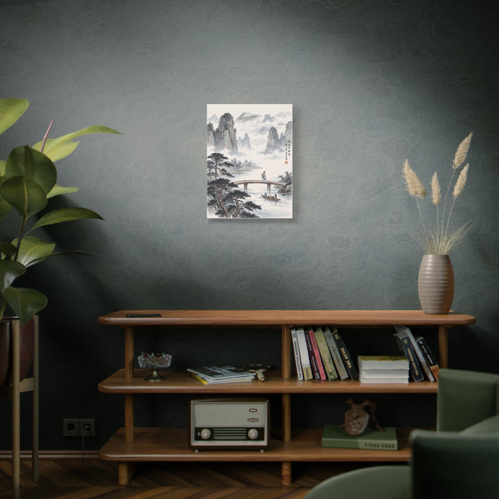 Wall-mounted art print showing misty mountains, calm lake, boats, and a bridge