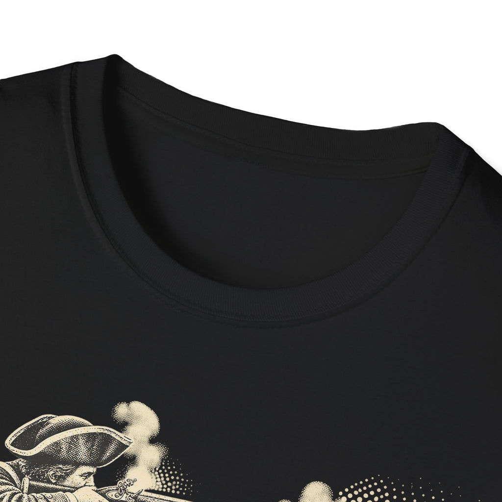 Black crewneck t-shirt with partial sepia graphic at chest