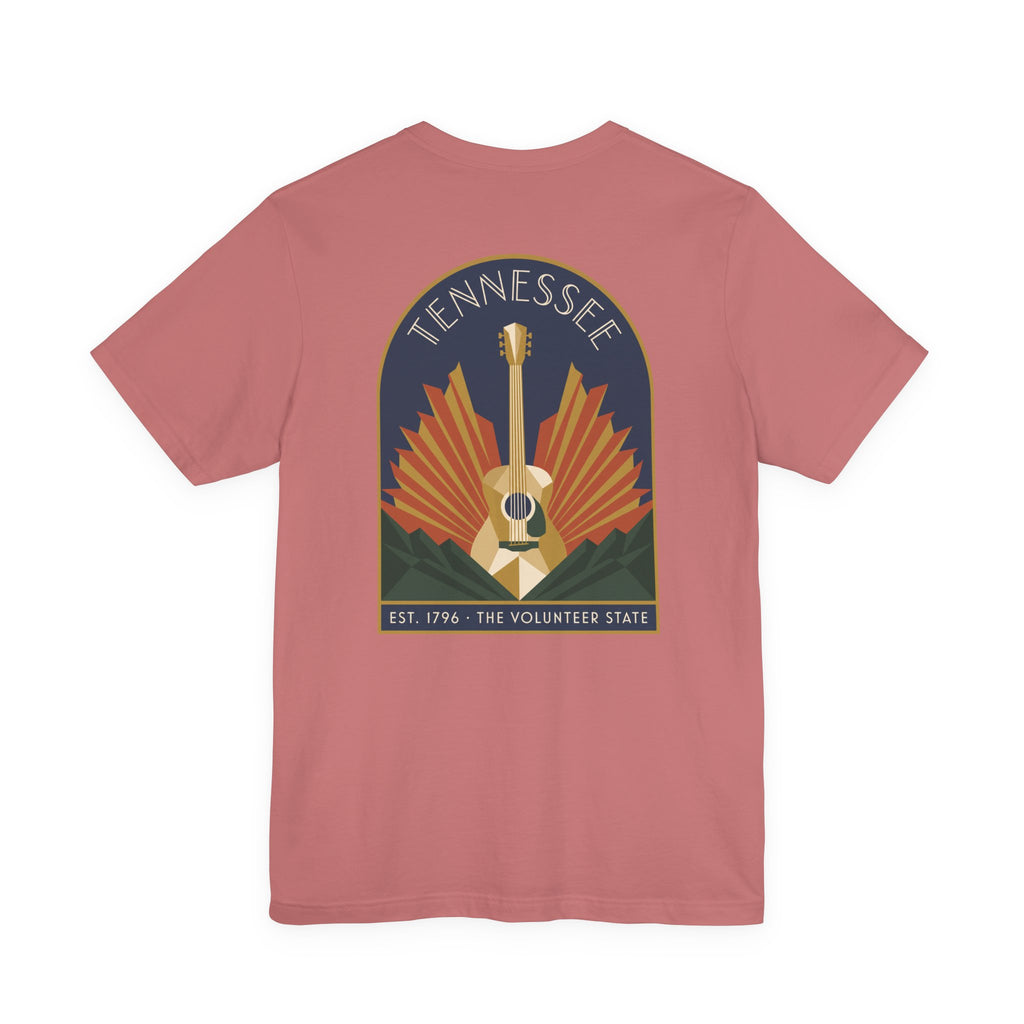 Dusty pink crew-neck T-shirt with Tennessee guitar art graphic on chest