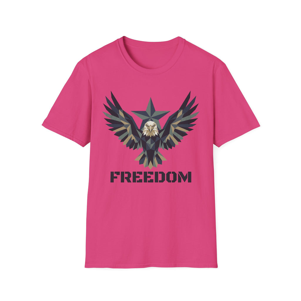 Red crew-neck graphic t-shirt with eagle star design and "FREEDOM" text