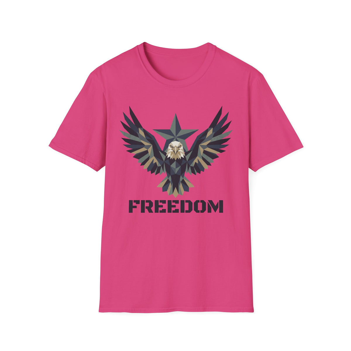 Red crew-neck graphic t-shirt with eagle star design and "FREEDOM" text