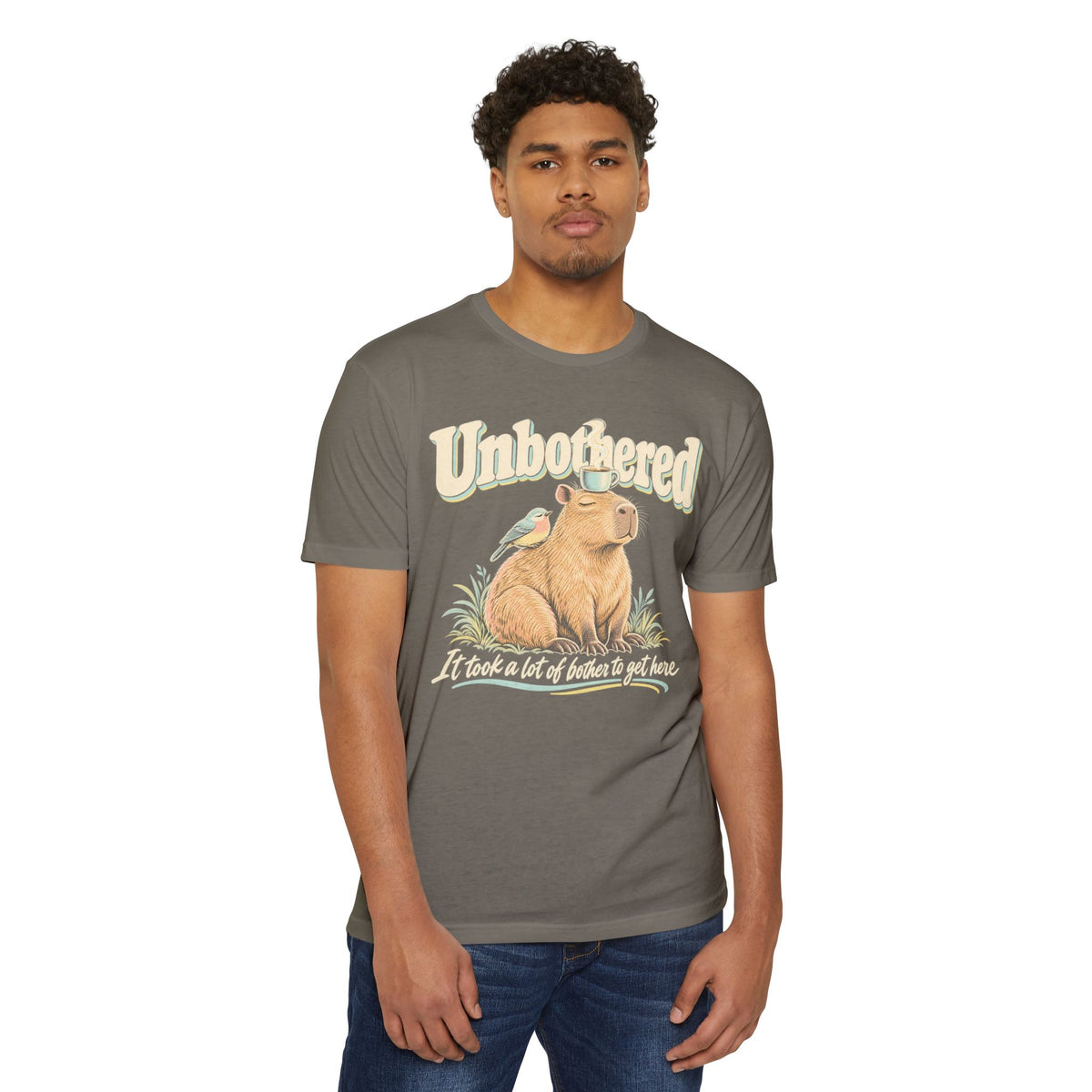 Capybara coffee T-shirt in medium gray, front capybara holding coffee cup graphic on model