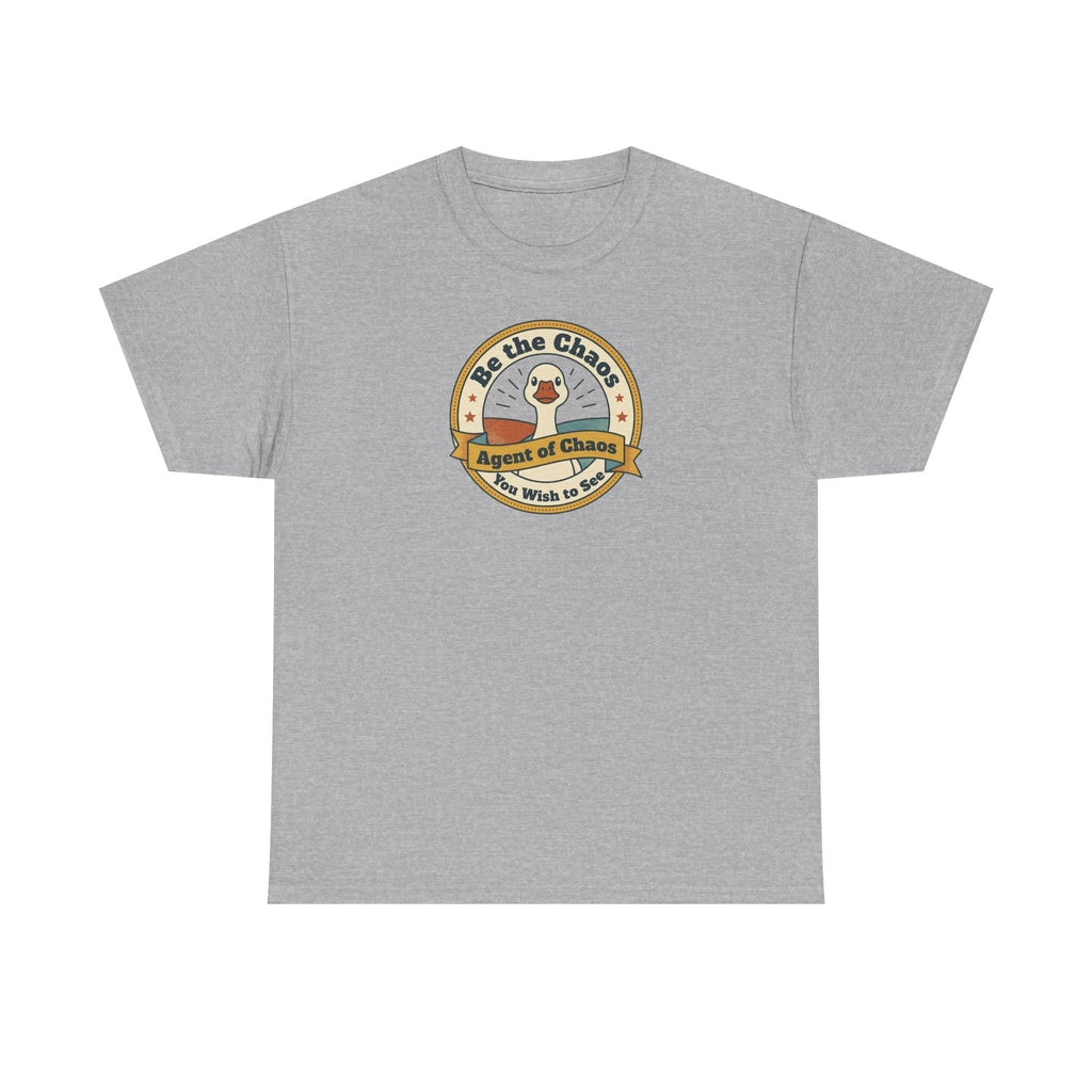 Light gray crew-neck T-shirt with circular duck emblem graphic on the chest