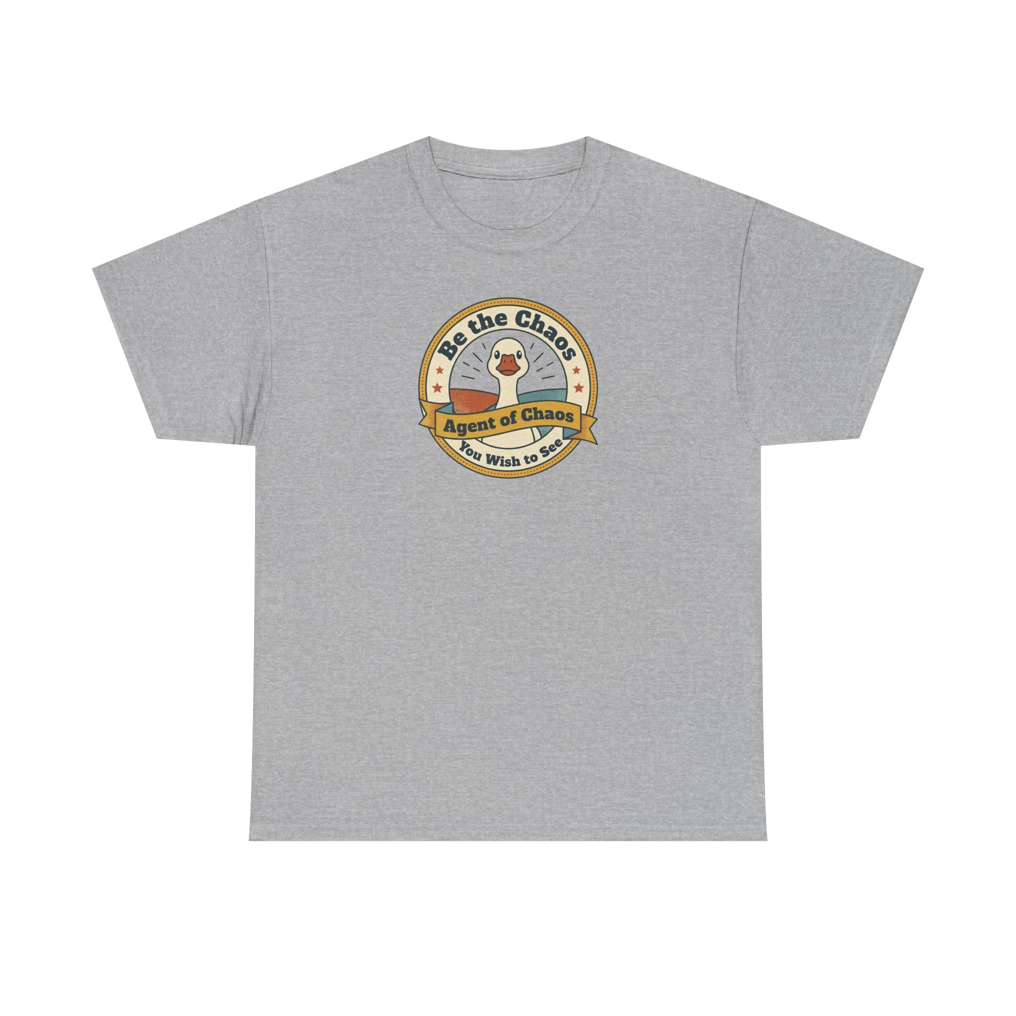 Light gray crew-neck T-shirt with circular duck emblem graphic on the chest