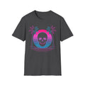 Dark heather T-shirt with vaporwave skull graphic, palm trees and sunset arch design