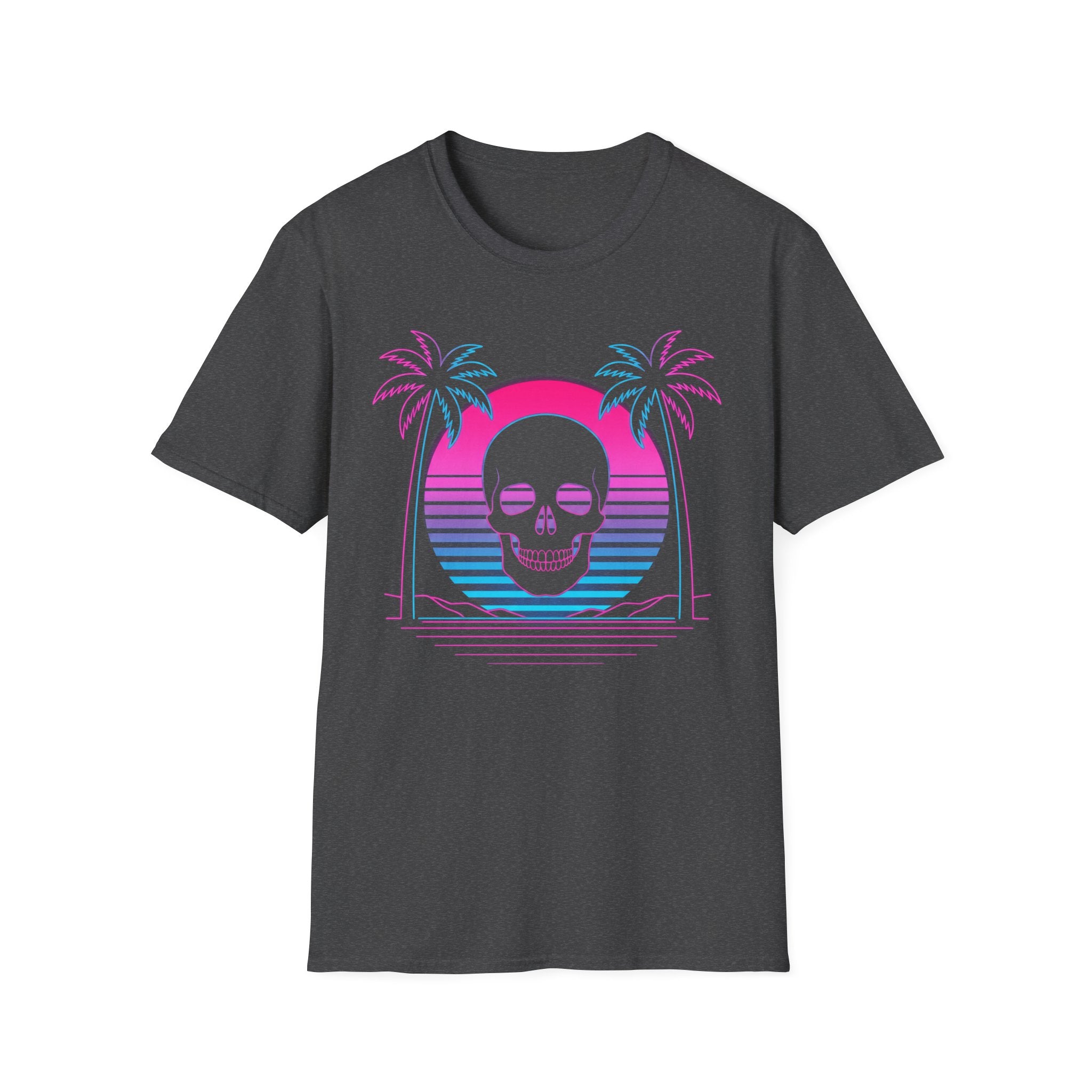 Dark heather T-shirt with vaporwave skull graphic, palm trees and sunset arch design