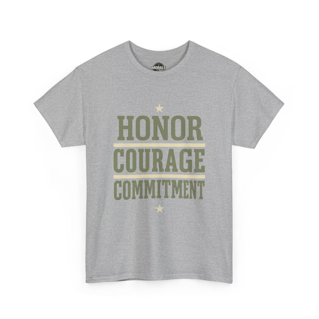 Sport grey crewneck T-shirt with “HONOR COURAGE COMMITMENT” graphic and small stars.