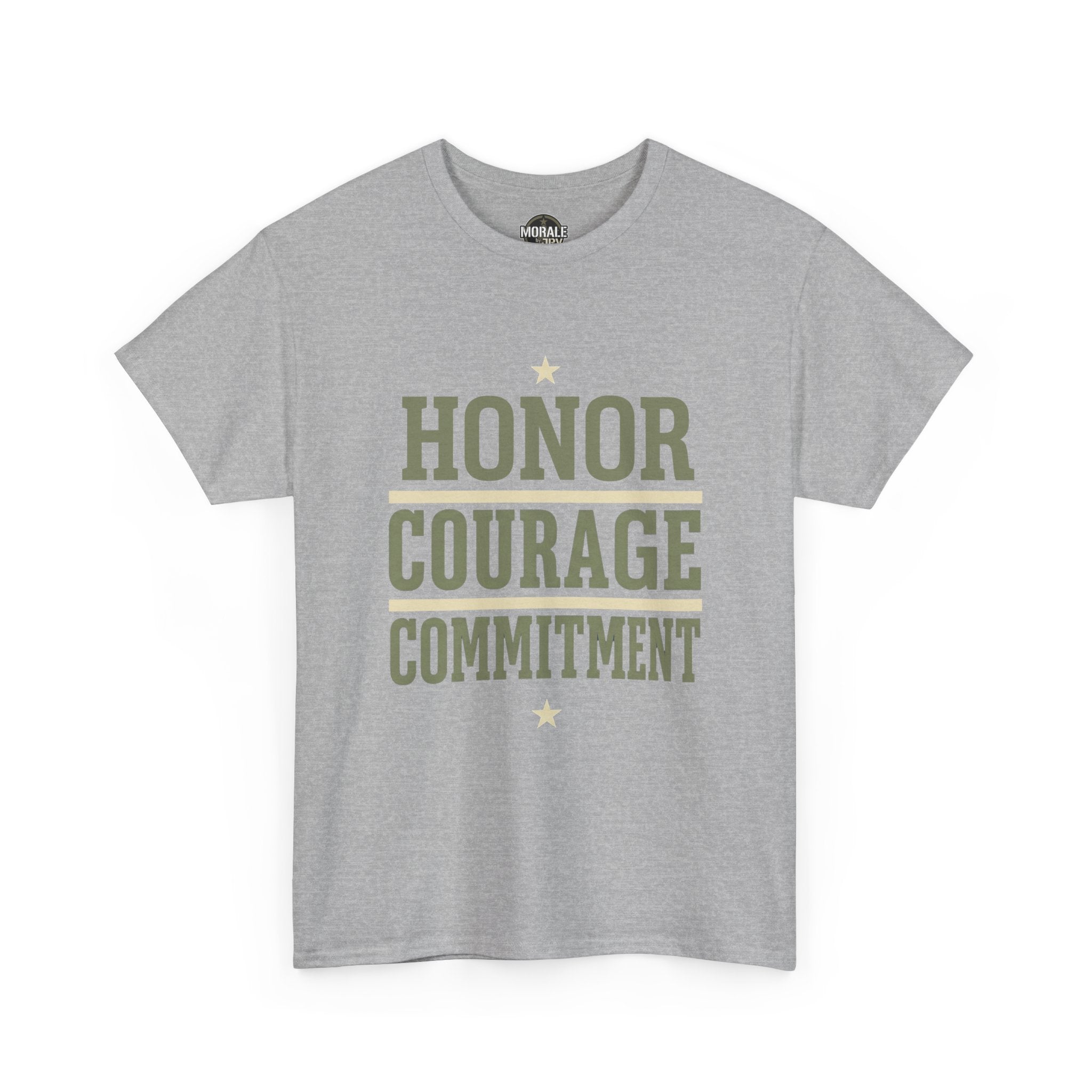 Sport grey crewneck T-shirt with “HONOR COURAGE COMMITMENT” graphic and small stars.
