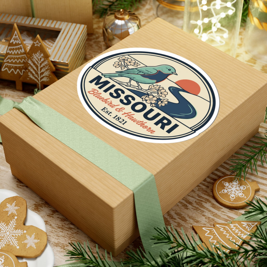 Round Missouri Bluebird & Hawthorn sticker with bluebird, blossoms, and “Est. 1821”