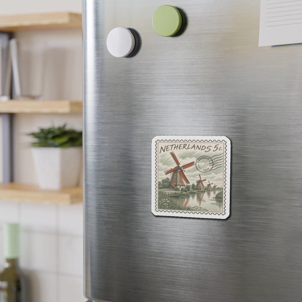 Square die-cut magnet on brushed metal fridge door with Netherlands 5c stamp art