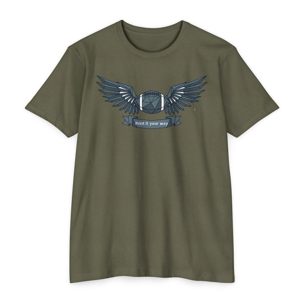 Olive green short-sleeve T-shirt with winged camera emblem graphic