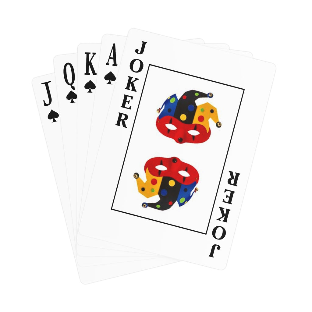 Poker cards showing face ranks and two colorful jester designs