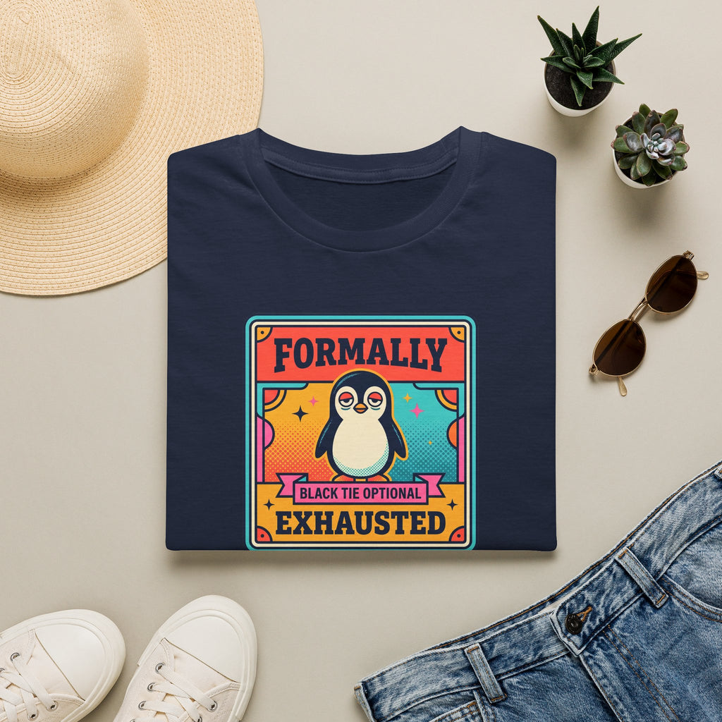Navy crew-neck T-shirt with retro penguin badge graphic and “Formally” “Exhausted” text.
