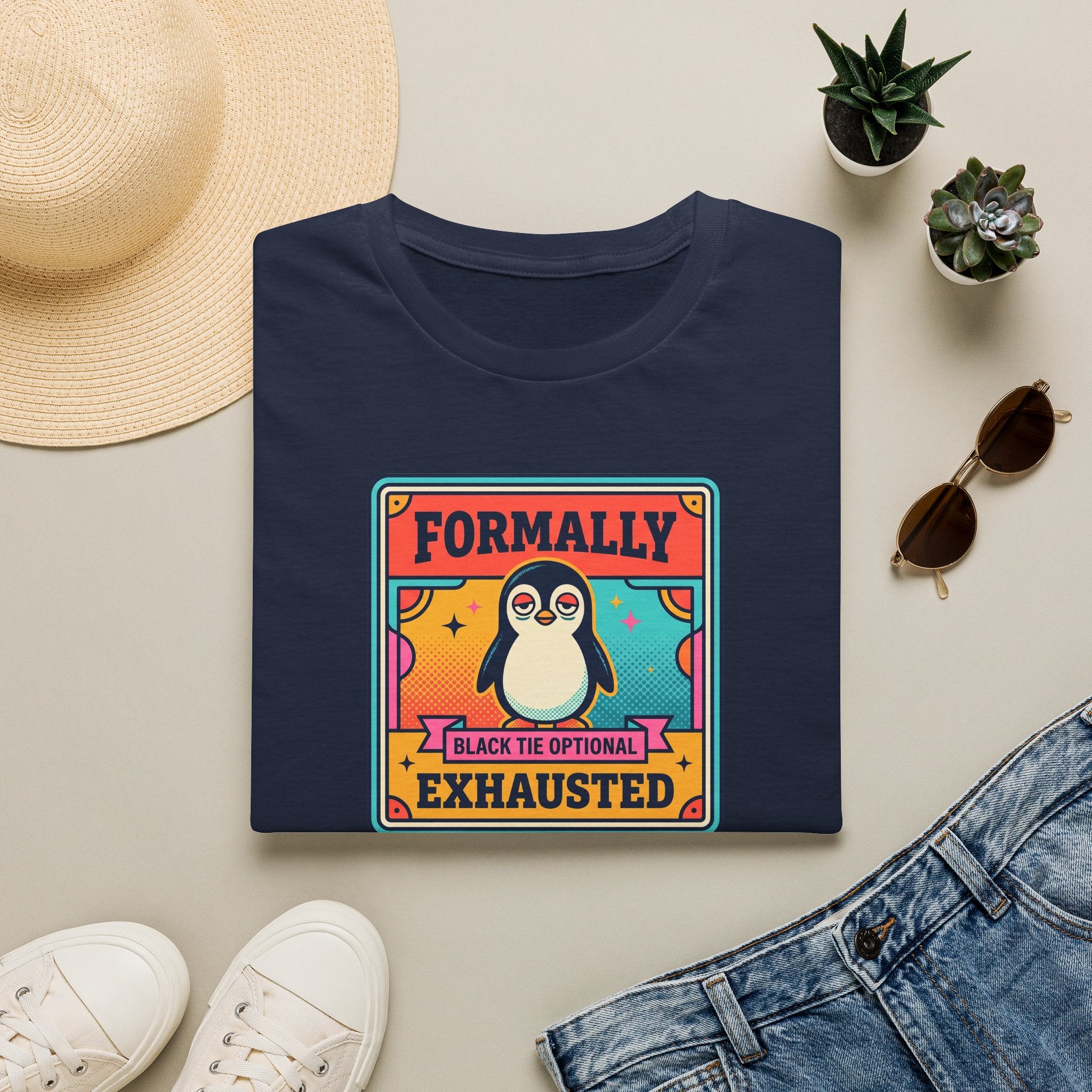 Navy crew-neck T-shirt with retro penguin badge graphic and “Formally” “Exhausted” text.