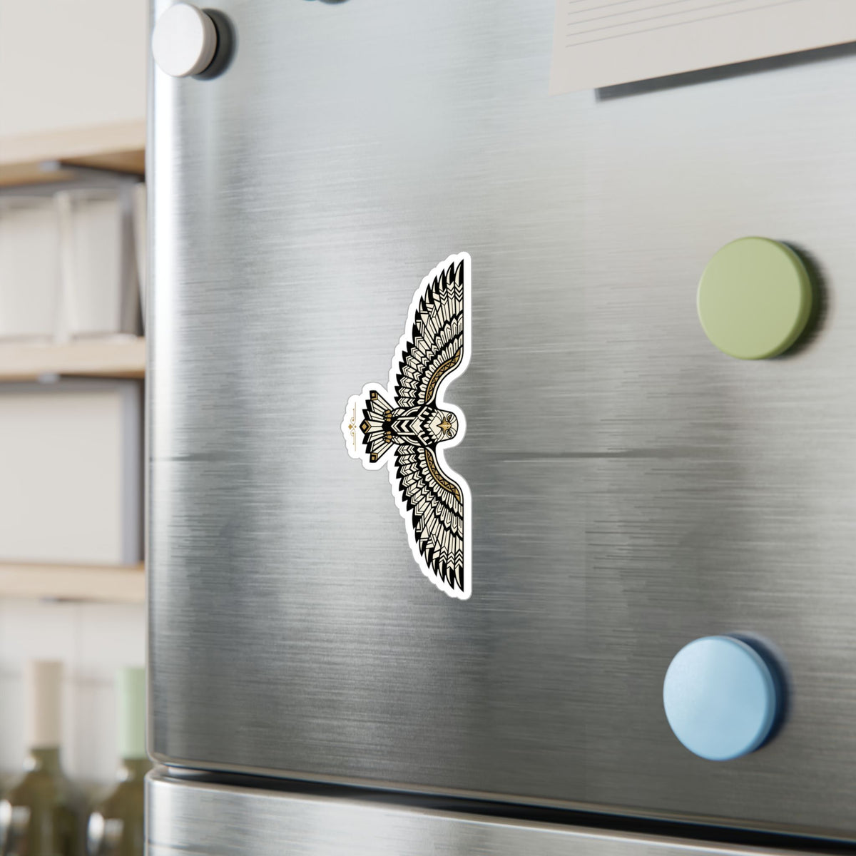 Geometric falcon sticker on fridge door, black, white, and gold geometric lines