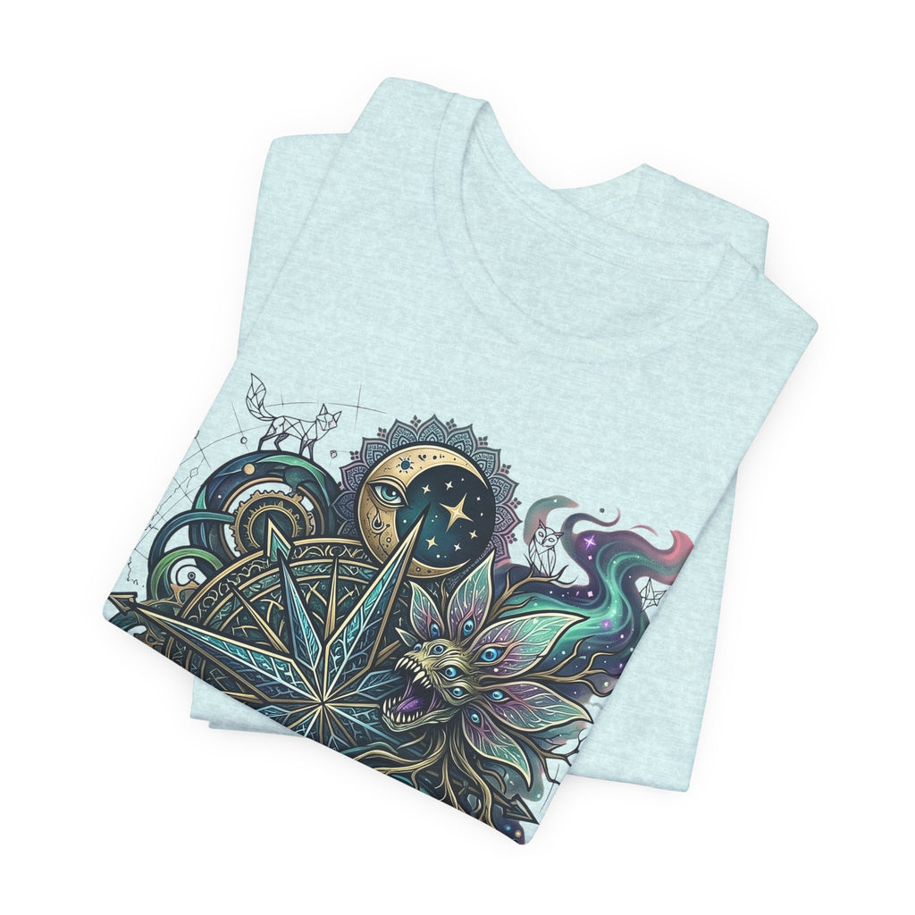 Heather aqua T-shirt with celestial compass cat and star mandala graphic