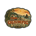 Die-cut sticker: retro landscape with sun, pine trees, ocean rocks, “Olympic Washington”, Est. 1938