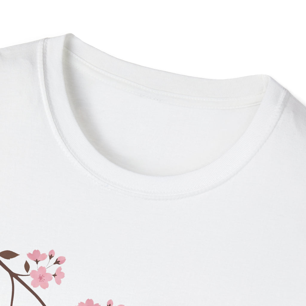White Cherry Blossom branch T-shirt neckline with pink petals graphic