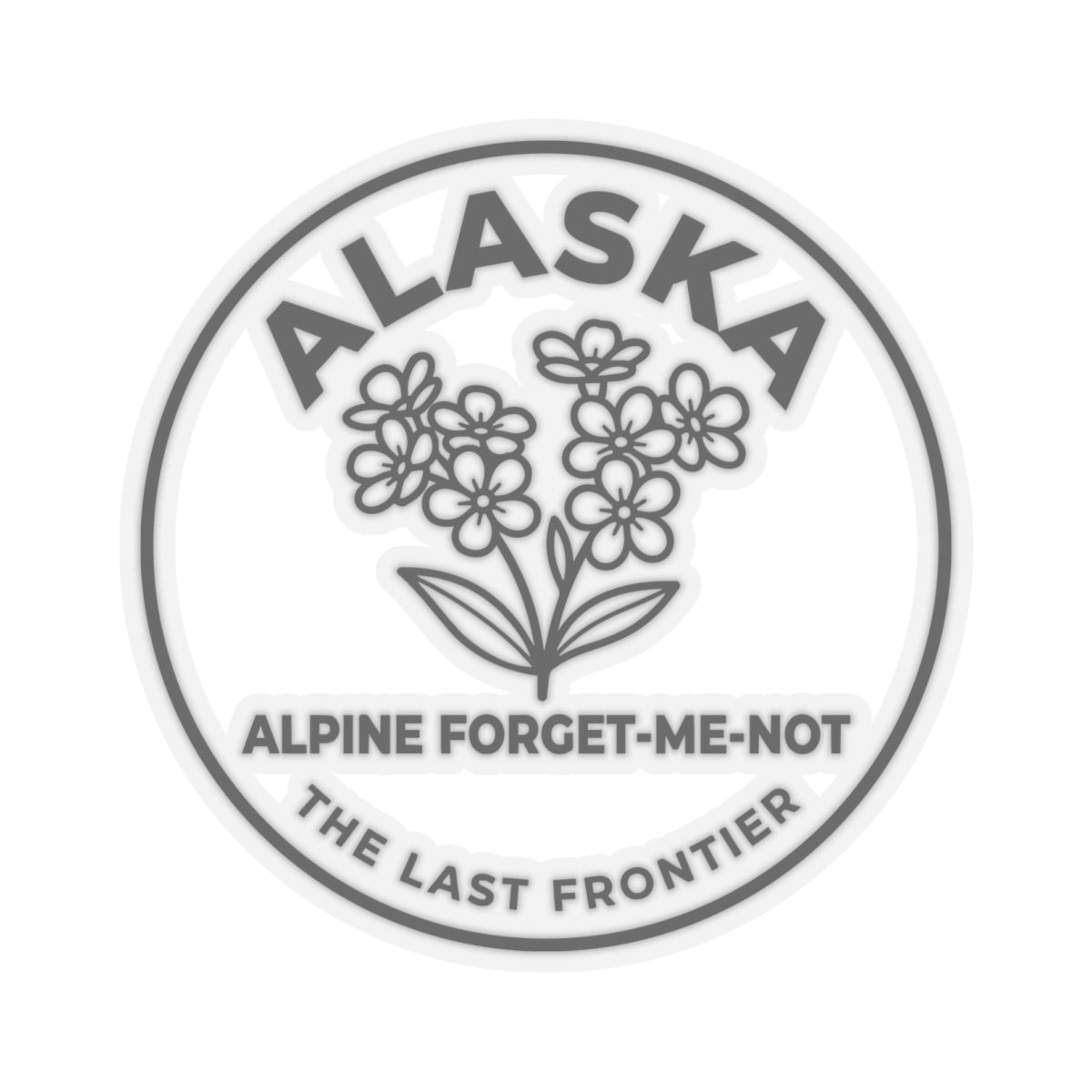 Alaska alpine forget-me-not vinyl sticker, circular seal with floral line art and “ALASKA”