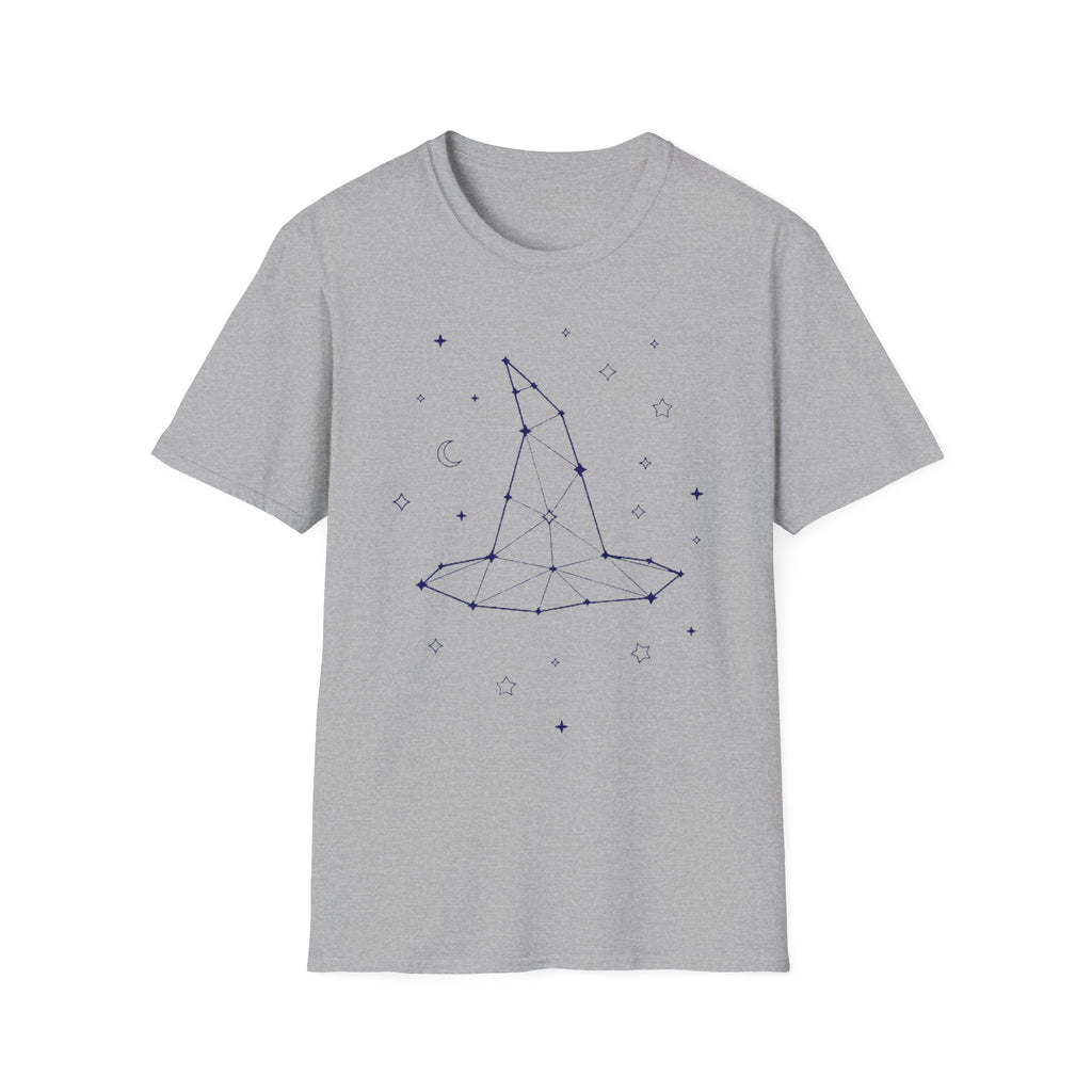 Gray T-shirt with blue constellation witch hat graphic and small star symbols