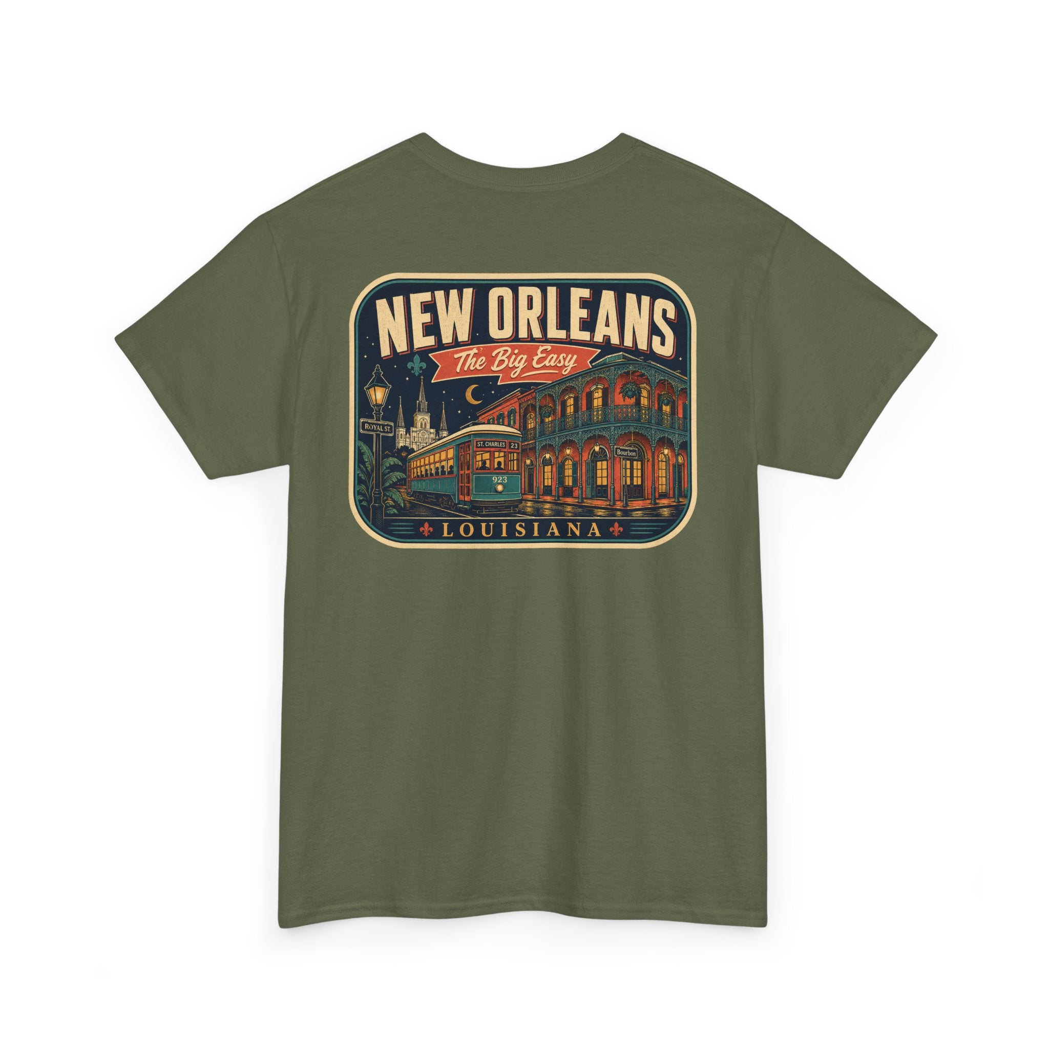 Olive green T-shirt with New Orleans crest graphic, crew neck short sleeves