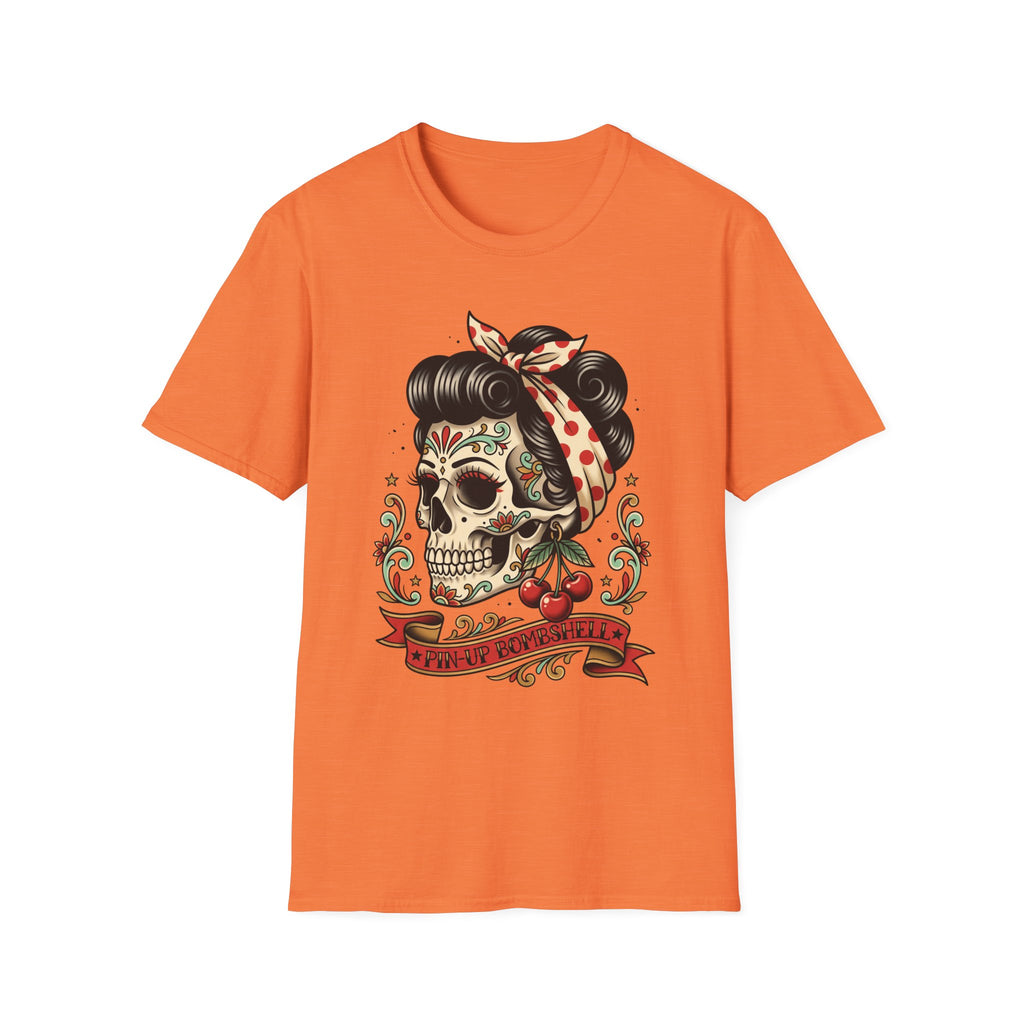 Sugar Skull Pinup T-Shirt in orange with colorful tattoo-style sugar skull print