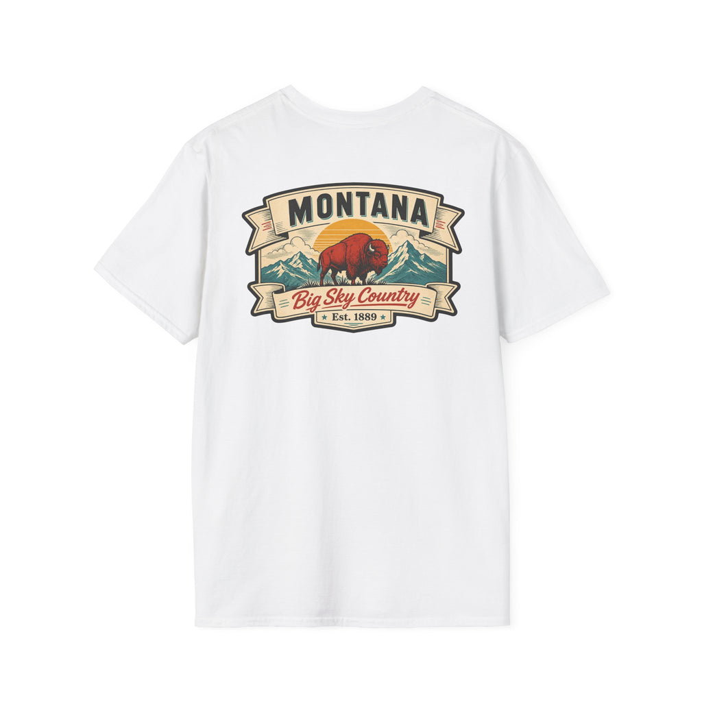 White Montana bison travel T-shirt with 'MONTANA' and 'Big Sky Country' graphic