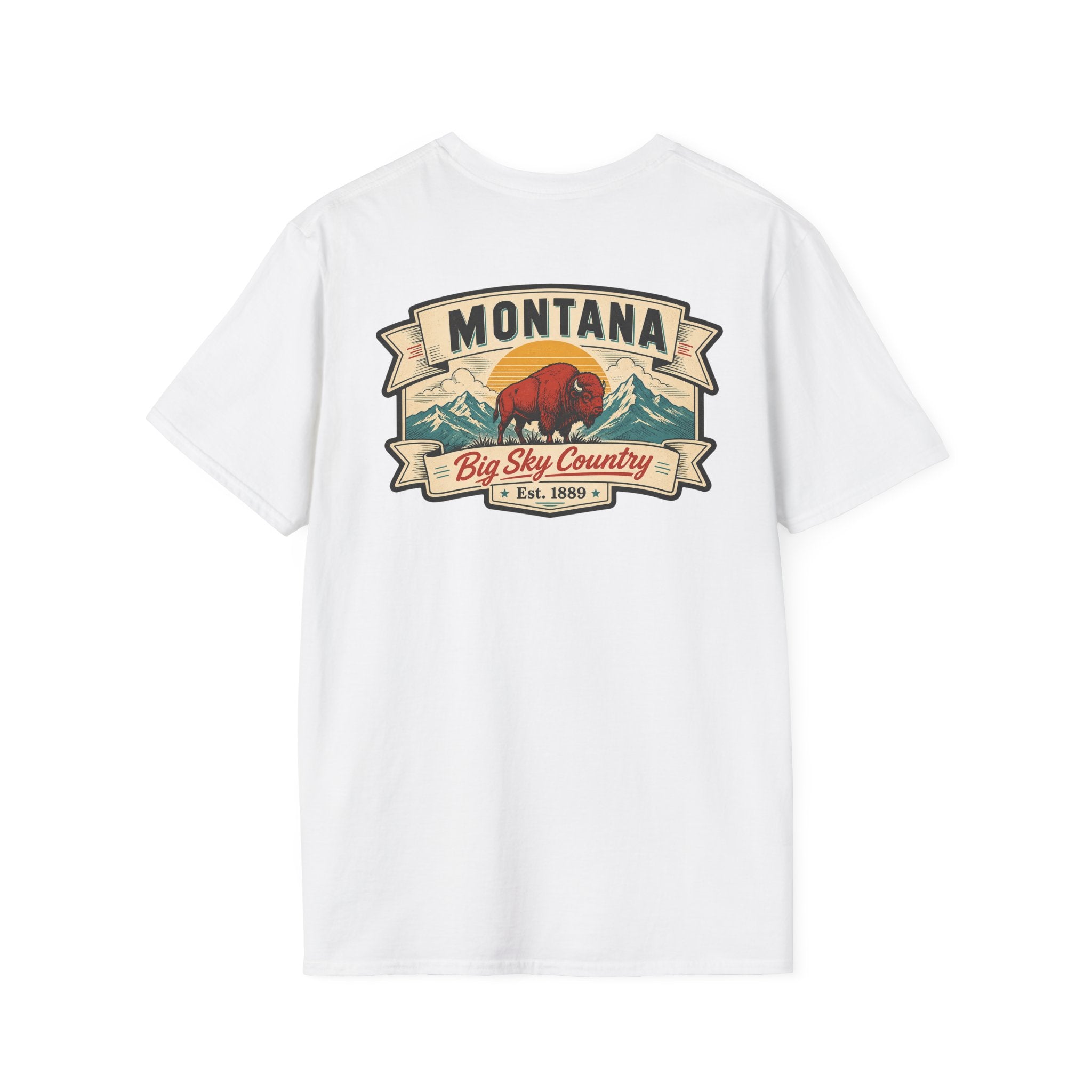 White Montana bison travel T-shirt with 'MONTANA' and 'Big Sky Country' graphic