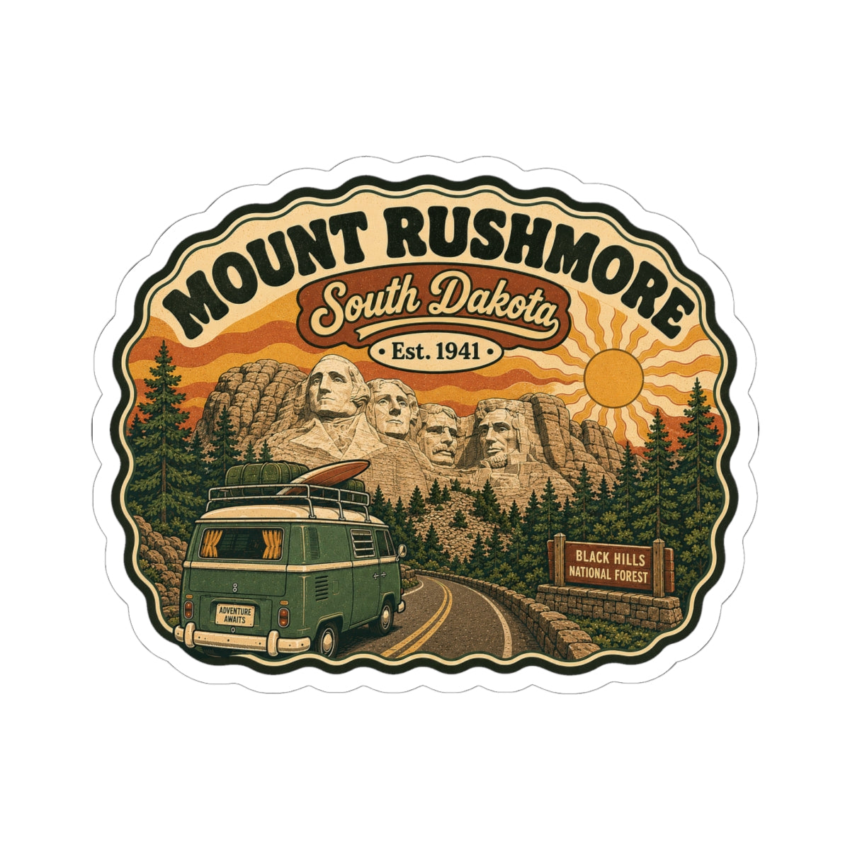 Die-cut travel sticker with Mount Rushmore and South Dakota typography over a road and trees
