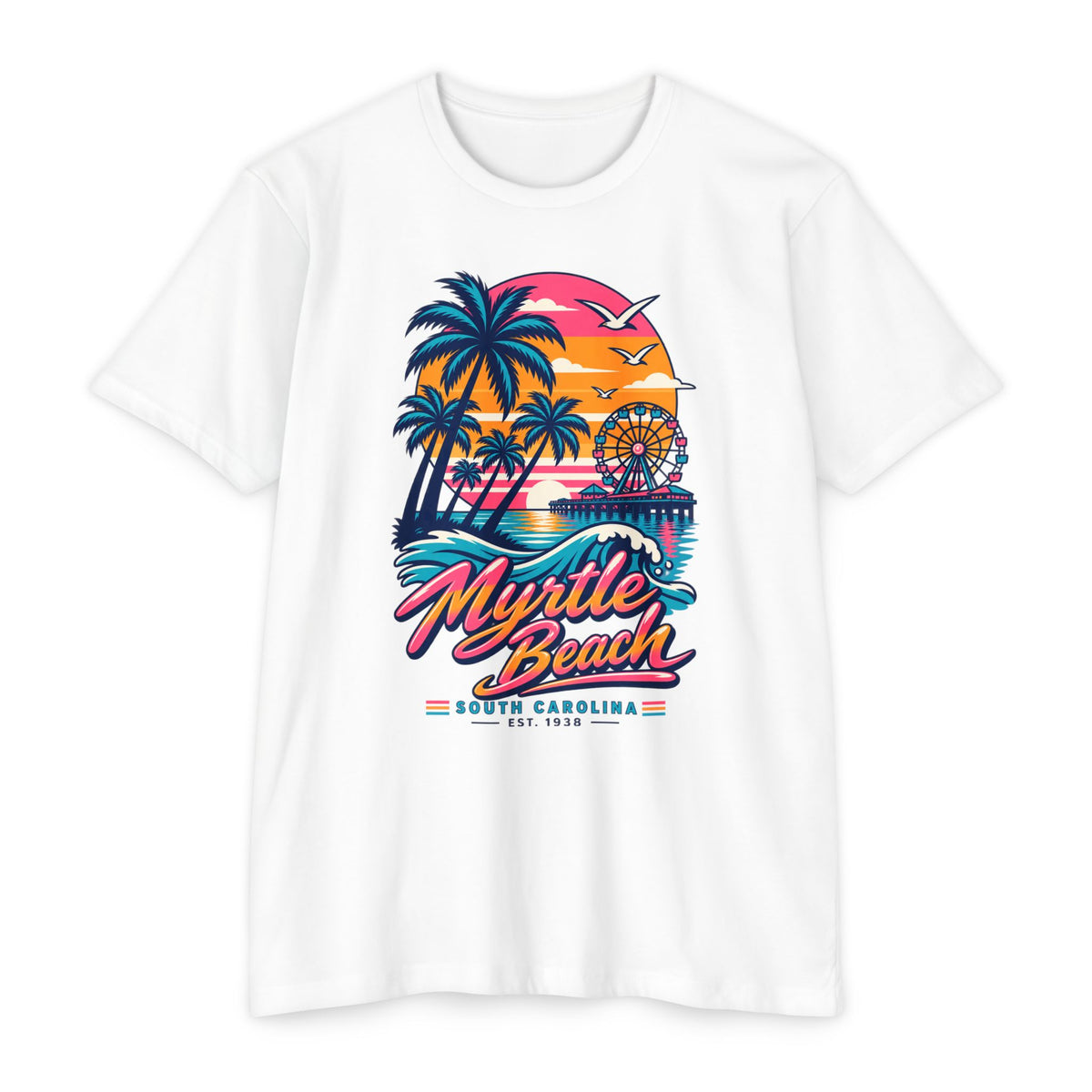White retro sunset T-shirt with palm trees, ferris wheel, and “Myrtle Beach” graphic print