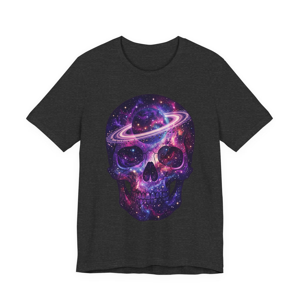 Dark heather charcoal Galaxy Skull T-Shirt with vibrant purple space skull graphic