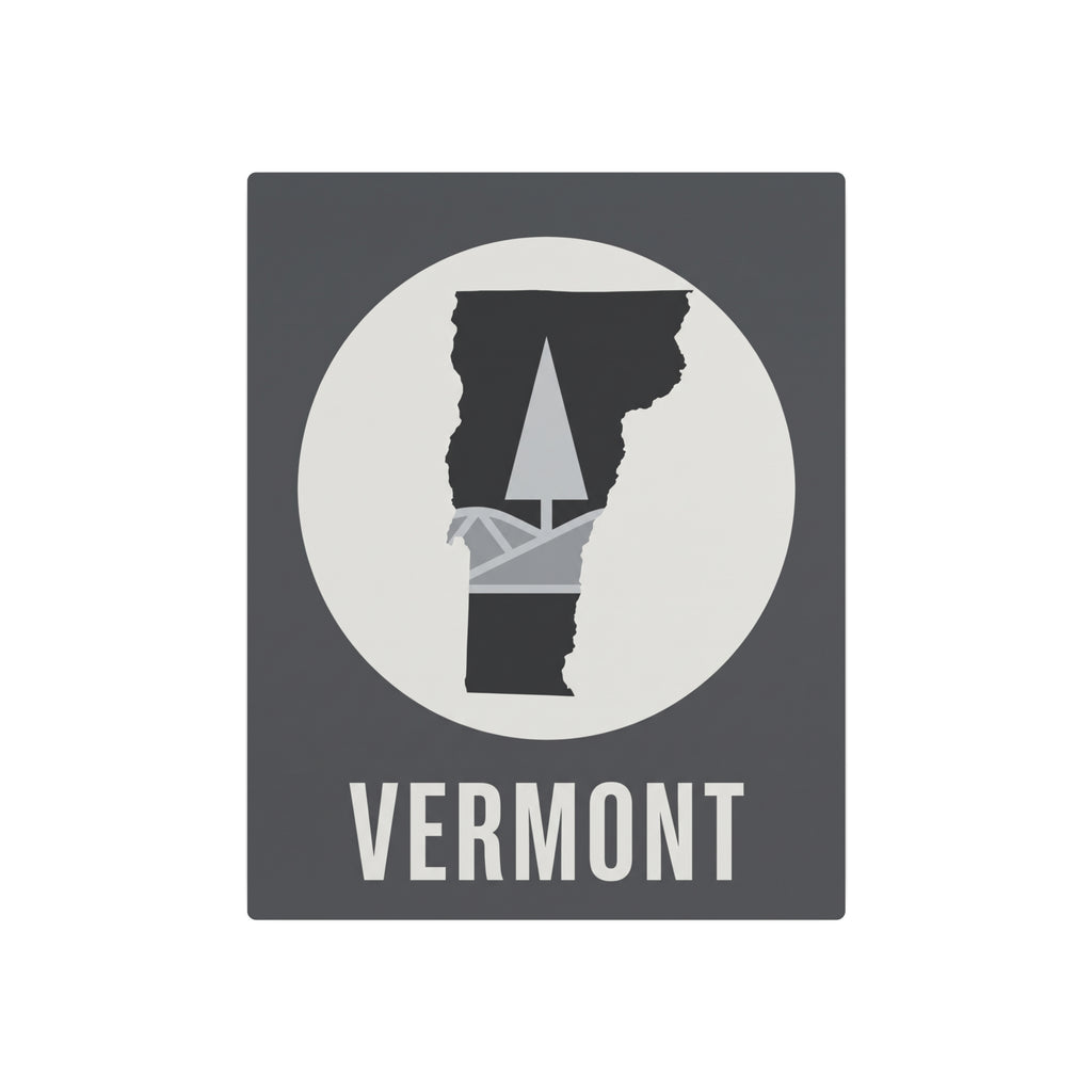 Vermont state silhouette metal wall sign with pine tree graphic and “VERMONT” lettering.