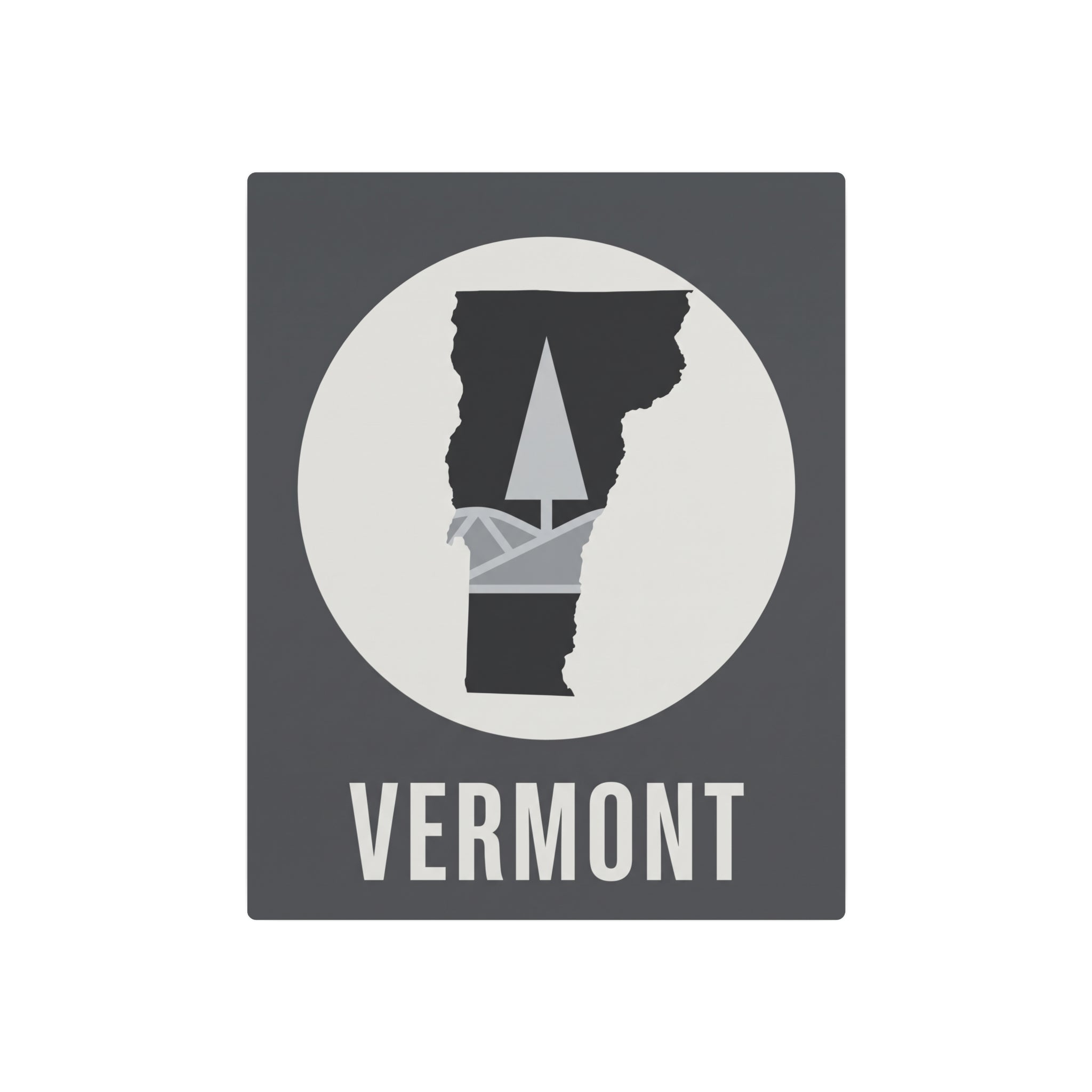 Vermont state silhouette metal wall sign with pine tree graphic and “VERMONT” lettering.
