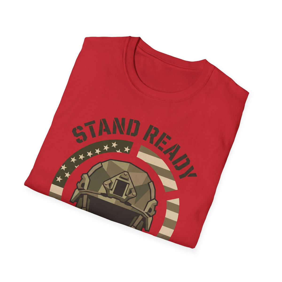 Red graphic t-shirt with military helmet art and “STAND READY” text band