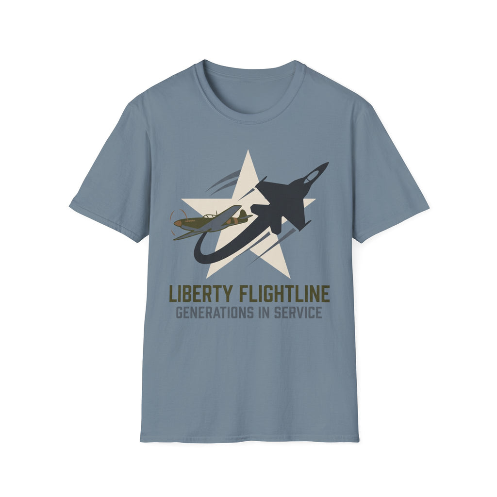 Blue crewneck t-shirt with jet graphic and “Liberty Flightline Generations in Service” print