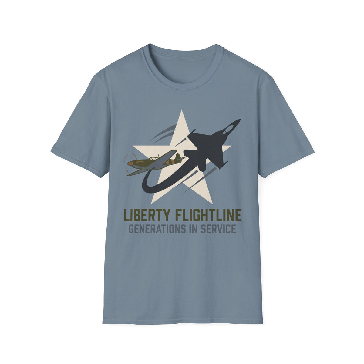 Blue crewneck t-shirt with jet graphic and “Liberty Flightline Generations in Service” print