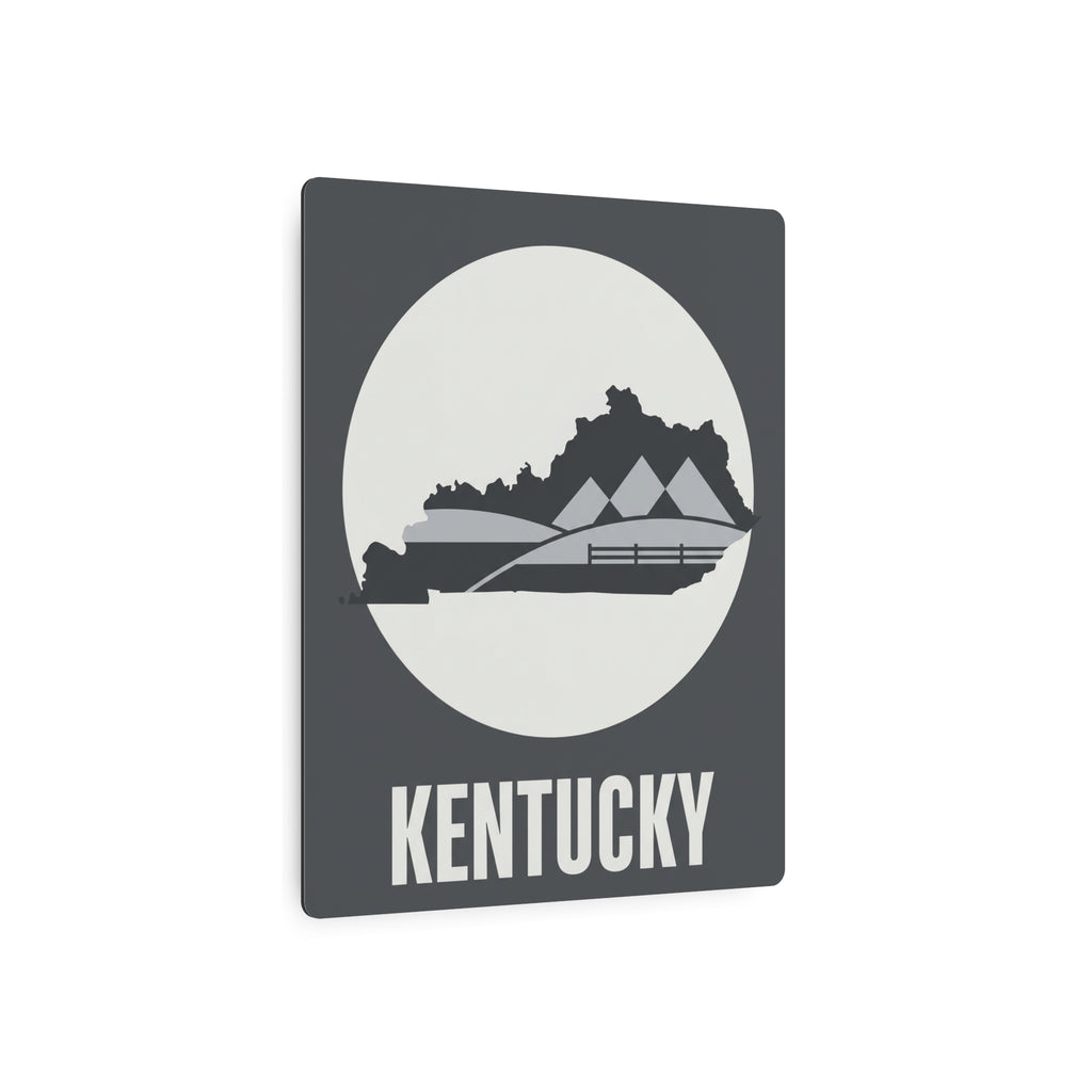 Metal wall art sign with moon-circle Kentucky silhouette, barn hills artwork, KENTUCKY word