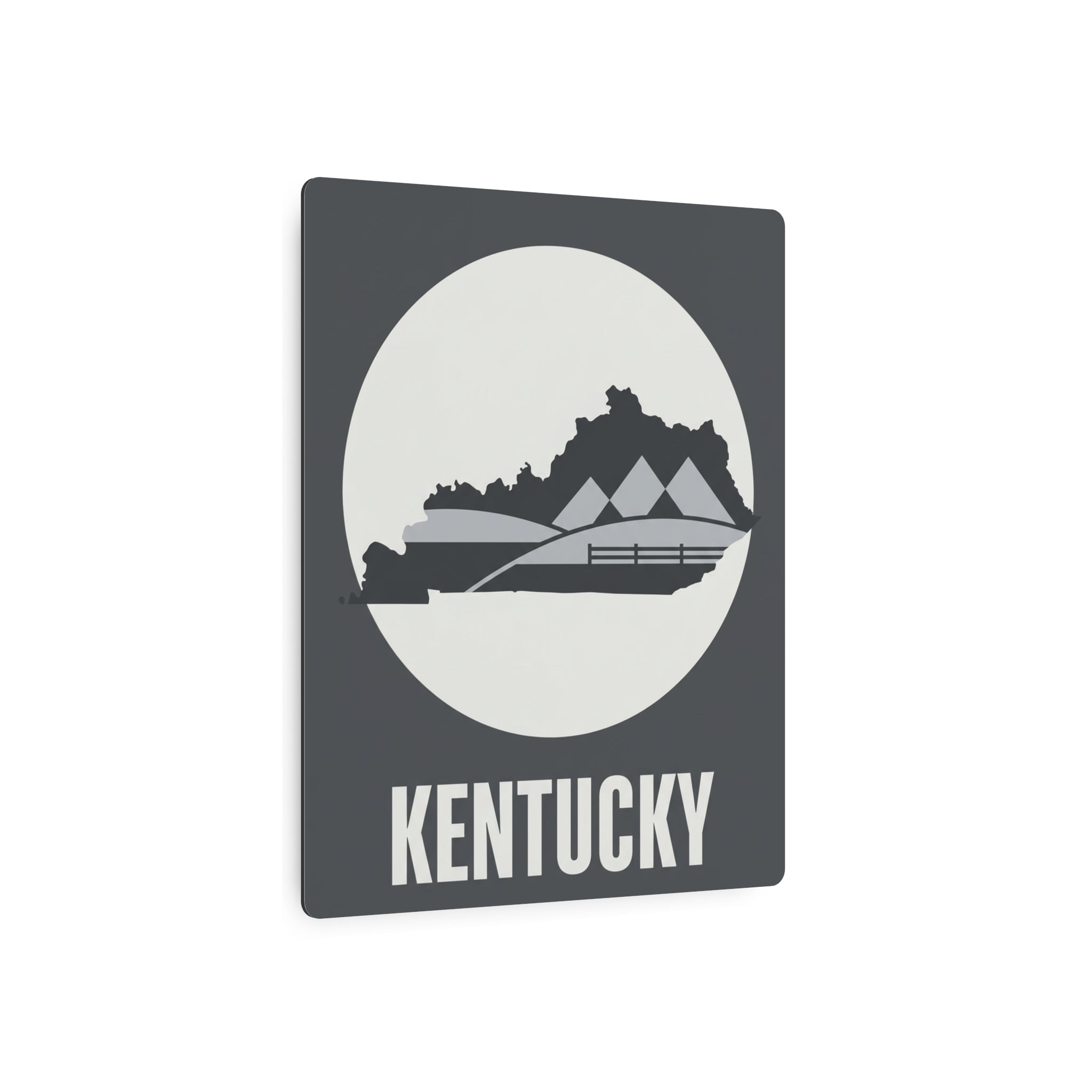Metal wall art sign with moon-circle Kentucky silhouette, barn hills artwork, KENTUCKY word