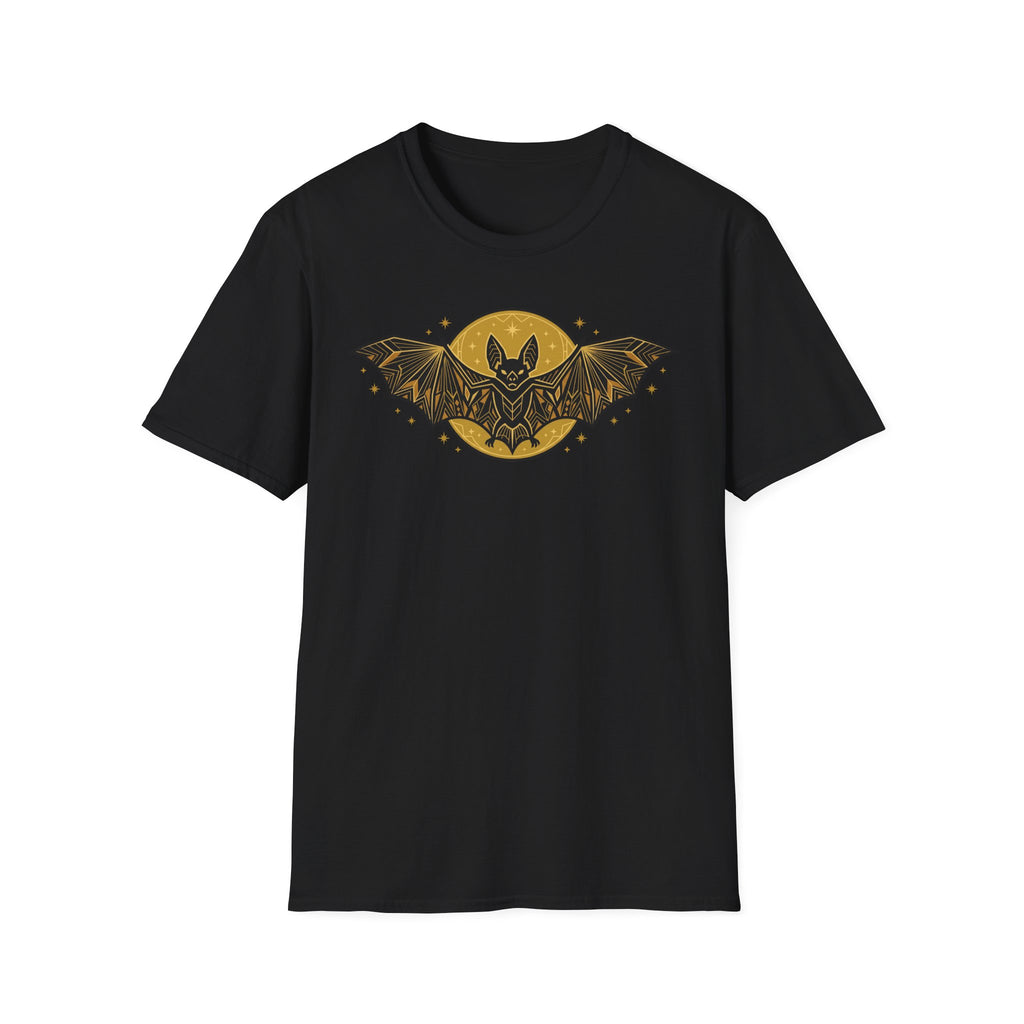 Black graphic T-shirt with gold bat moon and winged stars