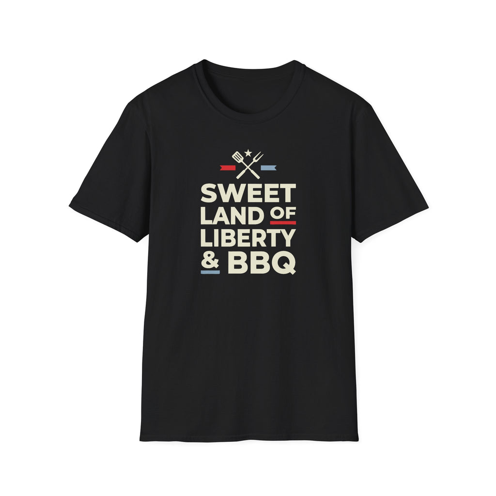 Black 4th of July BBQ T-shirt with “Sweet Land of Liberty & BBQ” front graphic
