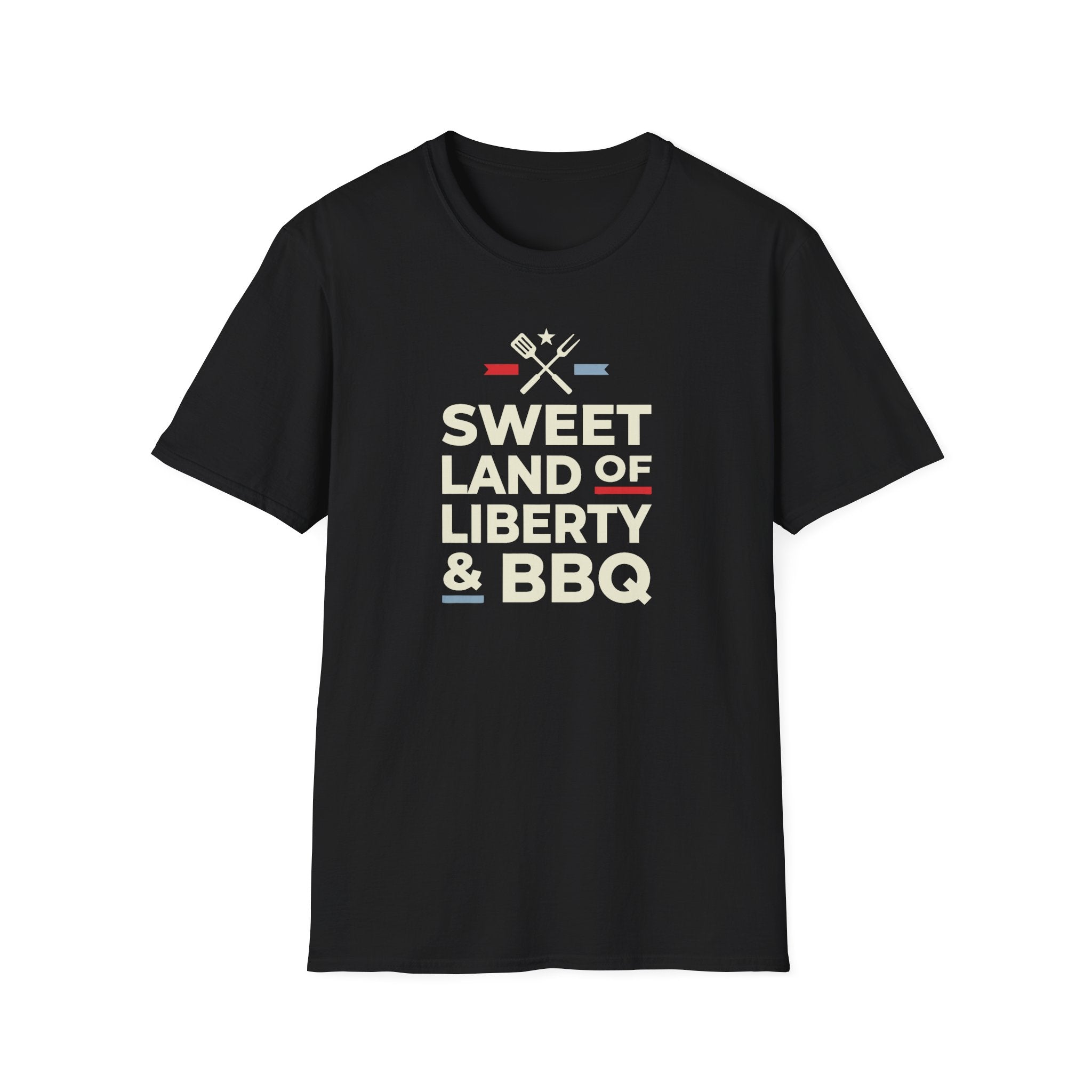 Black 4th of July BBQ T-shirt with “Sweet Land of Liberty & BBQ” front graphic
