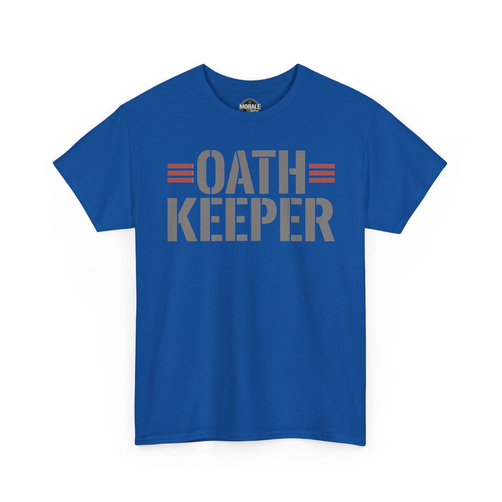 Royal blue crew-neck t-shirt with patriotic 'OATH KEEPER' graphic on front.