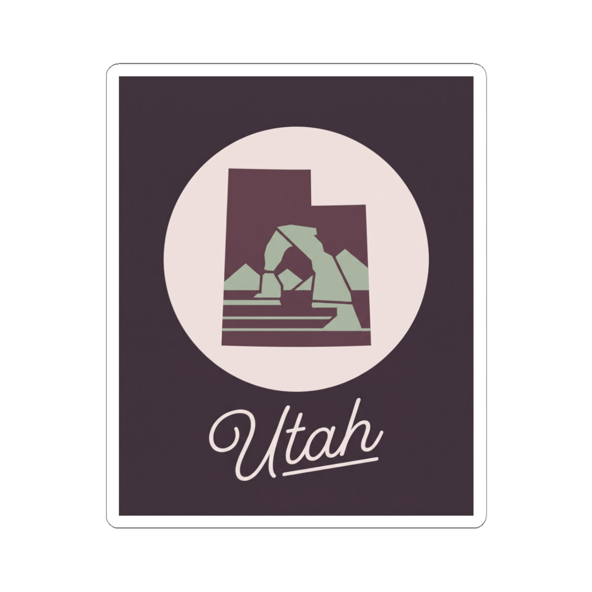 Utah state decal sticker with circular mountain graphic and script “Utah” on dark purple.