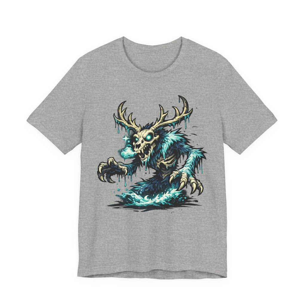Medium gray crewneck t-shirt with teal glow deer skull monster graphic