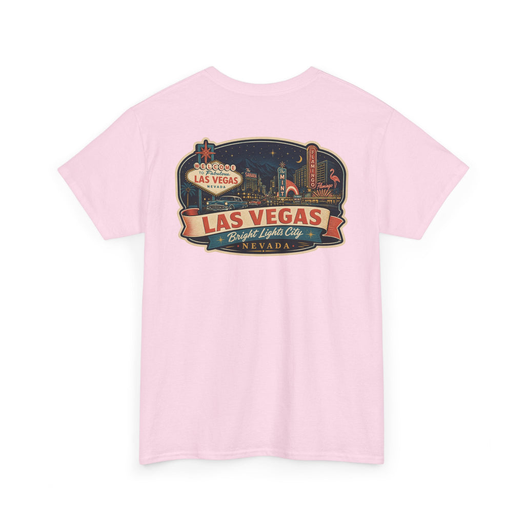 Light pink T-shirt with Las Vegas luggage tag graphic on chest