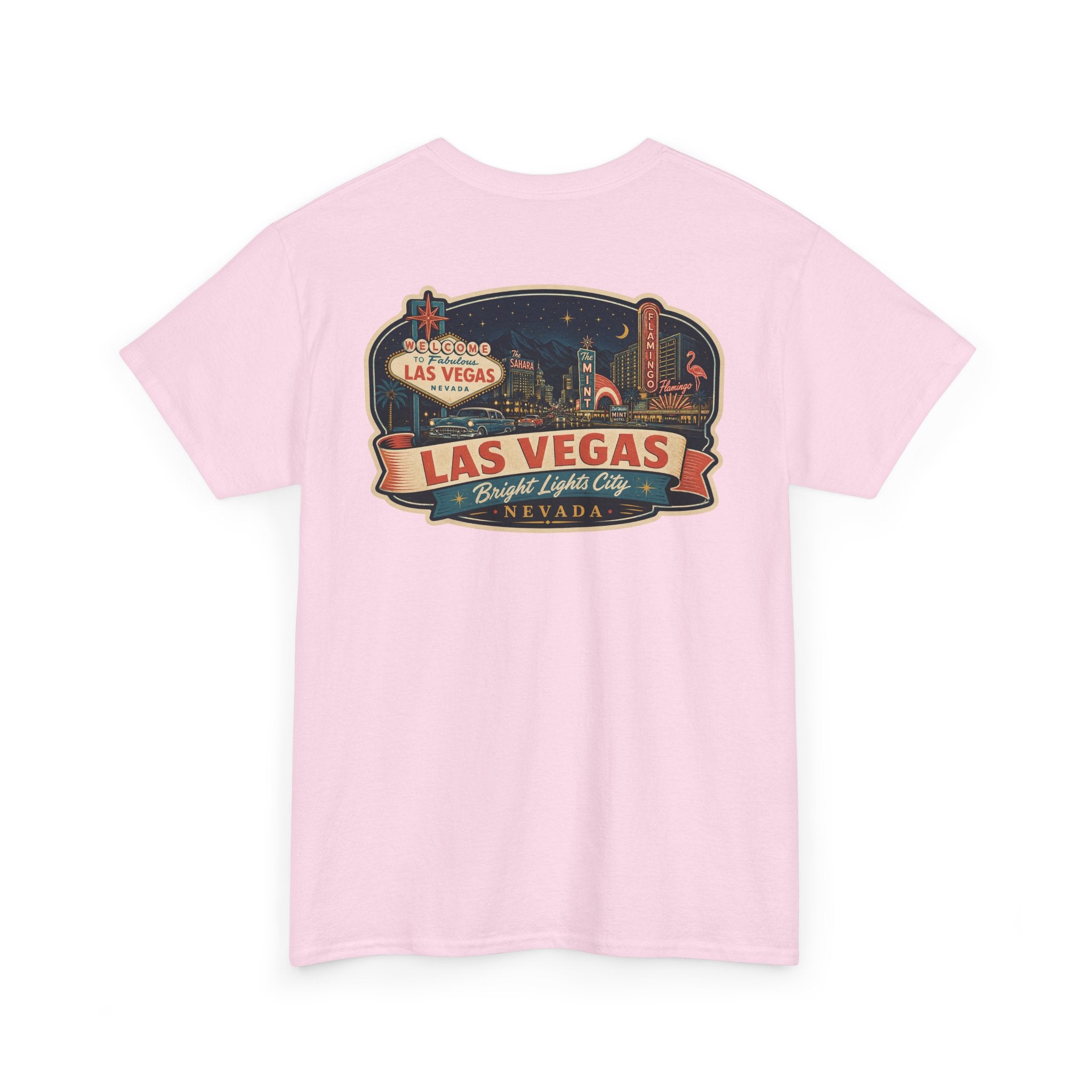 Light pink T-shirt with Las Vegas luggage tag graphic on chest