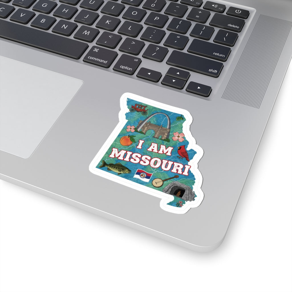 I AM MISSOURI Sticker with state map design, arch, fish, guitar and “MISSOURI” text