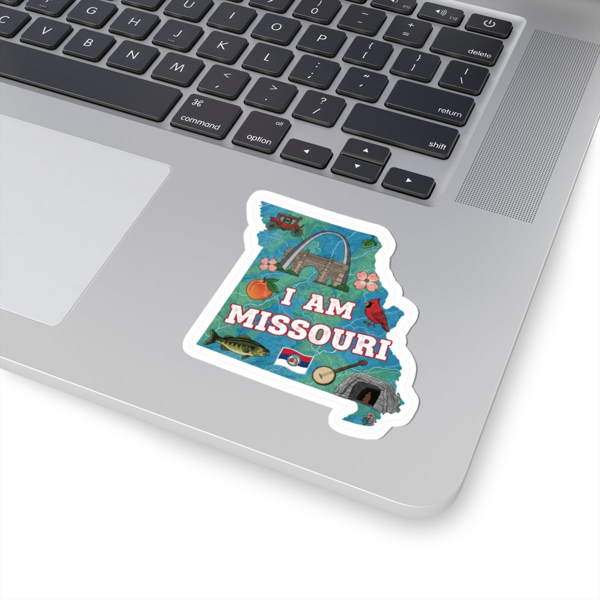 I AM MISSOURI Sticker with state map design, arch, fish, guitar and “MISSOURI” text