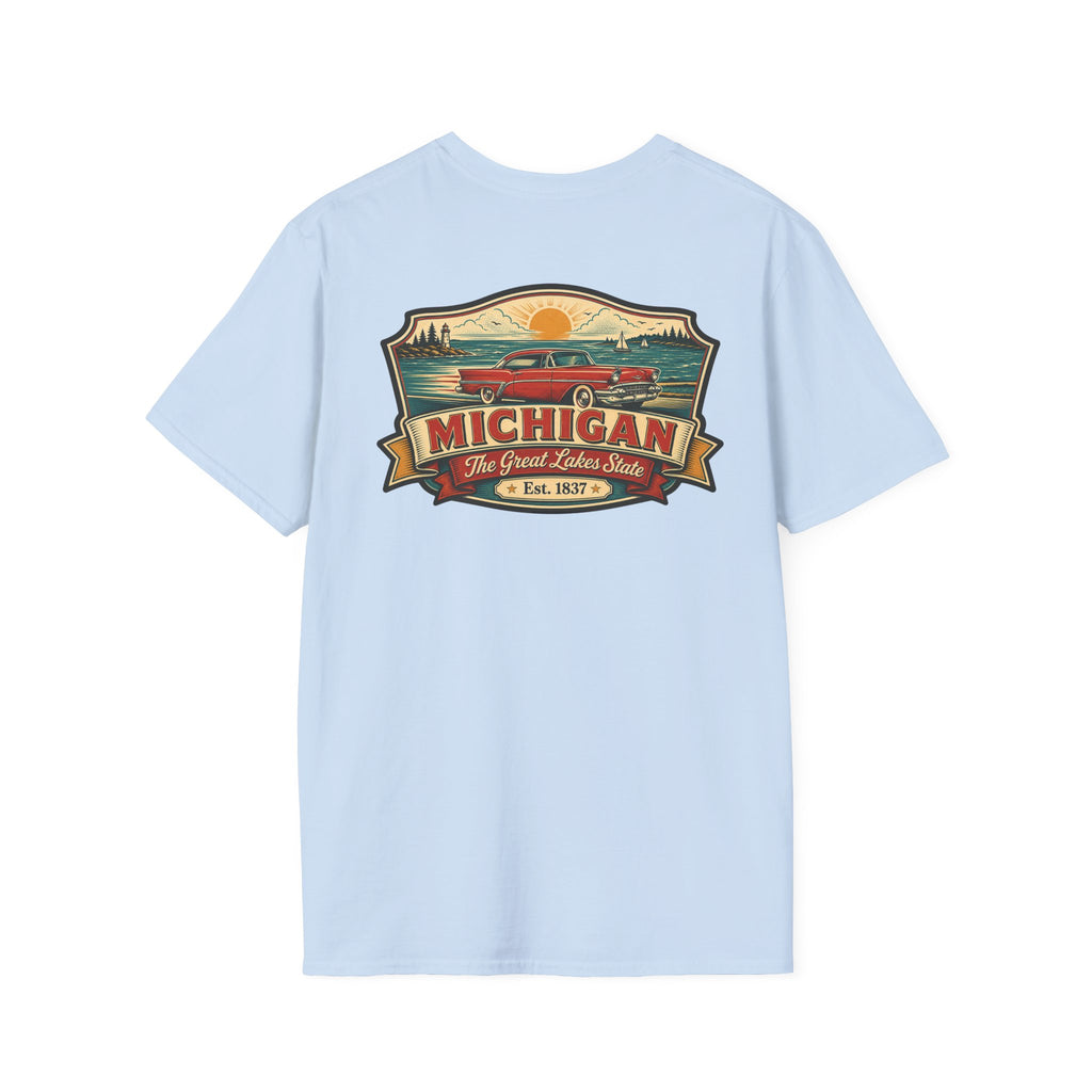 Light blue T-shirt with Michigan emblem and red car graphic on front