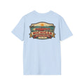 Light blue T-shirt with Michigan emblem and red car graphic on front